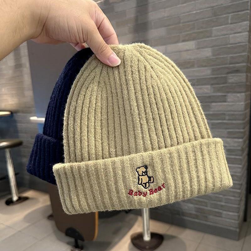 Autumn and Winter Warm and Thick Knitted Hat for Women Cute Bear Letter Embroidered Pullover Hat Versatile for Street Youth