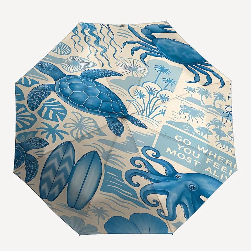 

1pc Ocean Sea umbrella with 8 iron ribs and a plastic handle, automatic opening and closing, portable and foldable1017