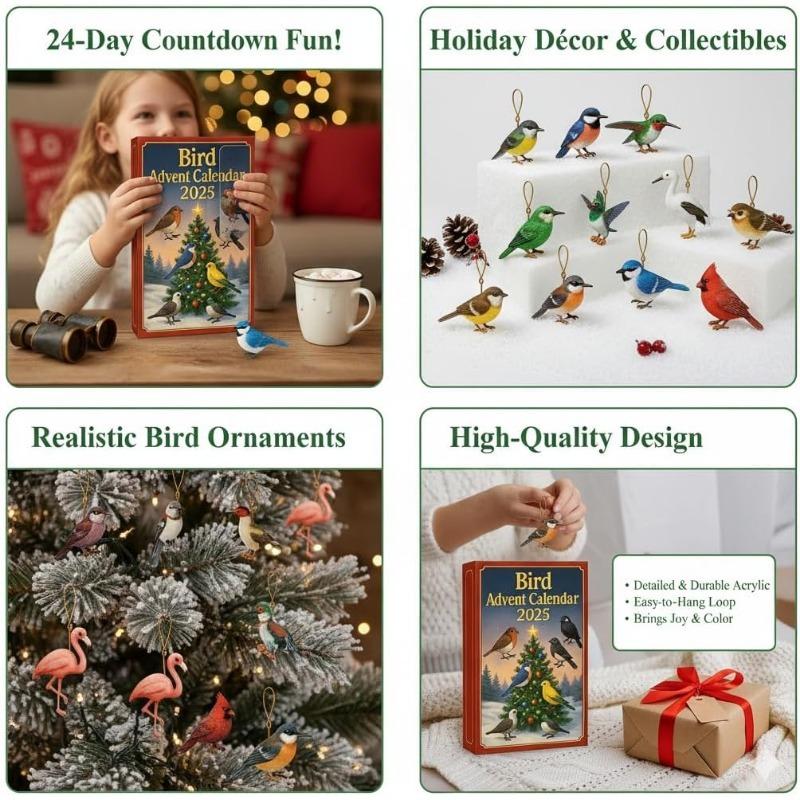 Calendar de Advent Păsări 2025, Calendar de Advent Păsări de Crăciun 24 Zile, Decorațiuni Păsări Plate 2D Acrilice pentru Agățat în Pomul de Crăciun