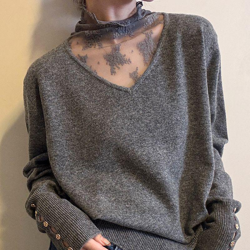 Plus Size Thermal Fleece Lace Mesh Two-Piece Women's Autumn Winter Slimming Top