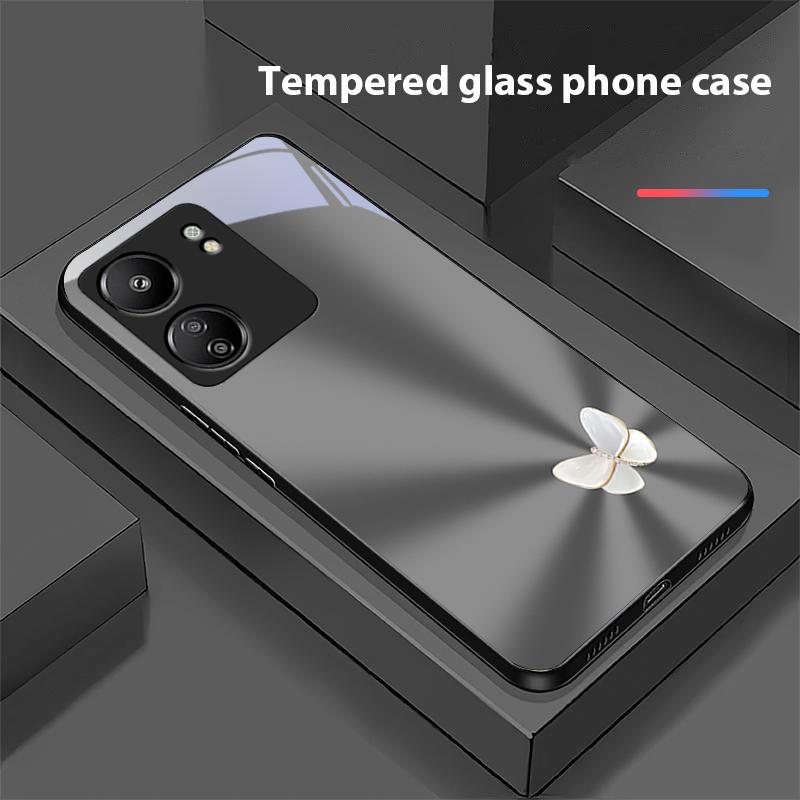 Gradient White Butterfly For Xiaomi Redmi 13C Note13 12 Pro Plus 5G Note 9 13T Pro POCO X6 F5 F6 Black Tempered Glass Phone Case