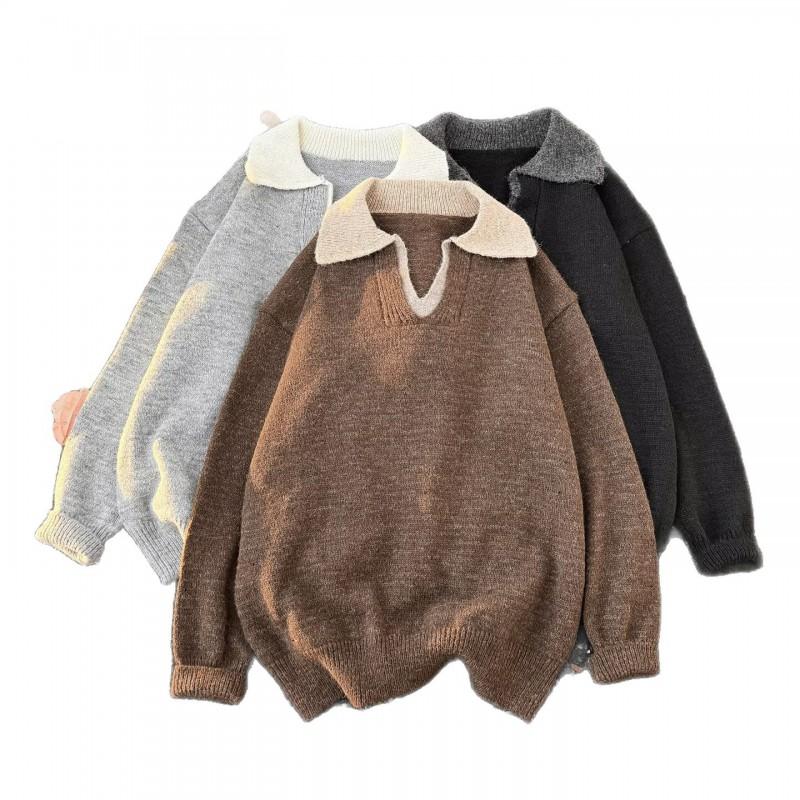Unisex Oversized Thick Knit Polo Collar Sweater Winter Warm Casual Top In Brown Gray Black