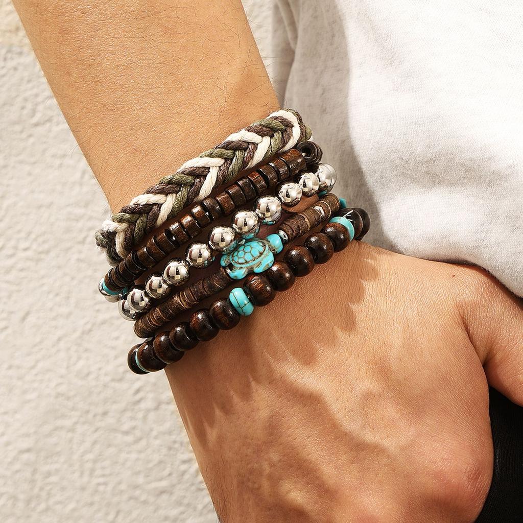 5-piece Bohemian Sea Turtle Vintage Wooden Shell Wax Rope Woven Bracelet Set