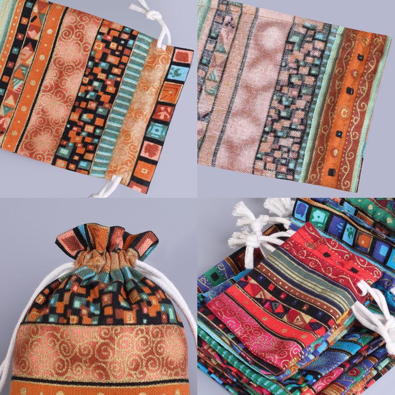 Ethnic Retro Print Stripe Cotton Drawstring Jewelry Gift Bag