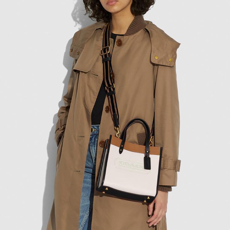 Coach Field 22 Badge Decorated Vertical Leather Tote Bag Women Tote White Brown C3461-B4CAH