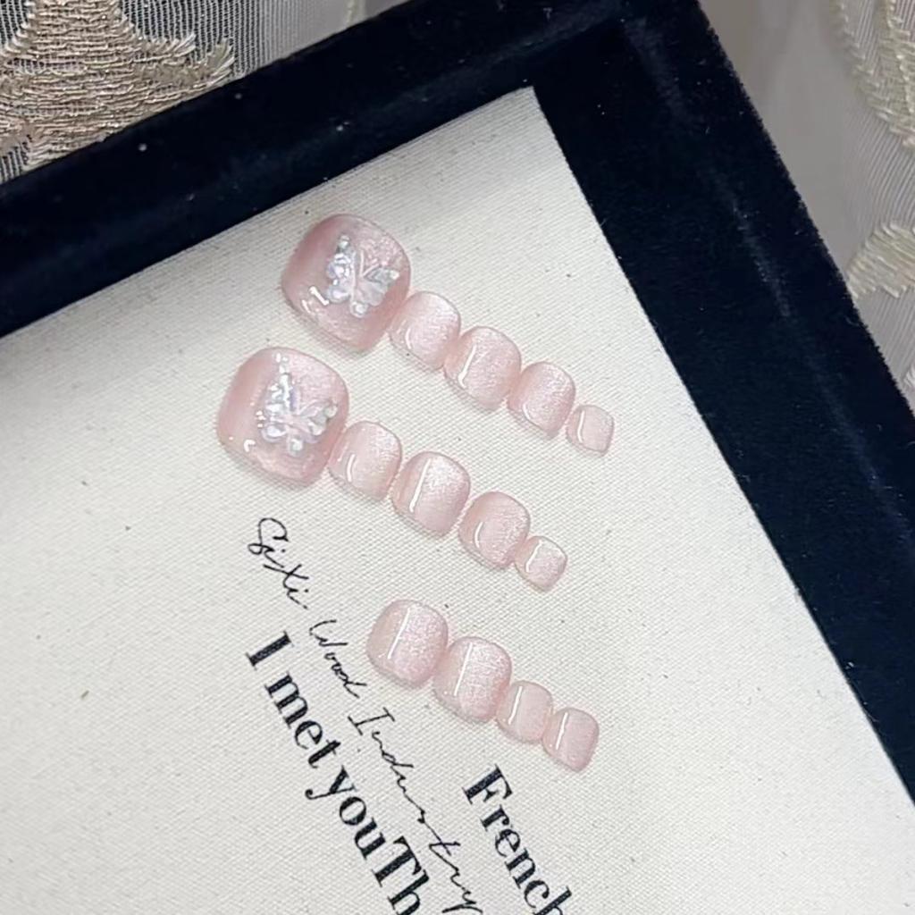 Pure Handmade Phototherapy Wear Nail Tablets Pink Butterfly Cat's Eye Foot Nail Wear Nail Finished Product Reusable Nail Patches