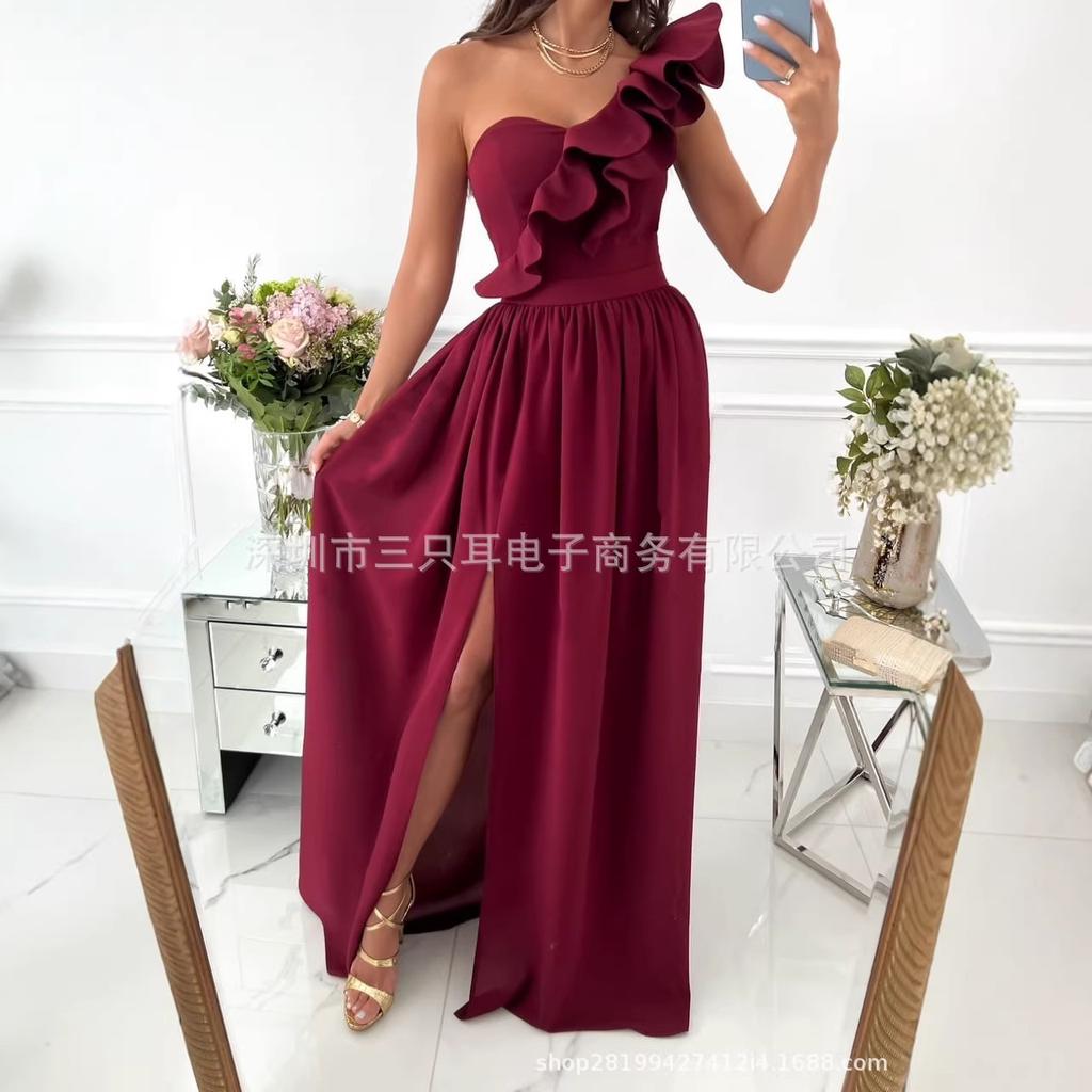 Women's One Shoulder Ruffle High Slit Sleeveless Maxi Dress Party Formal Dress