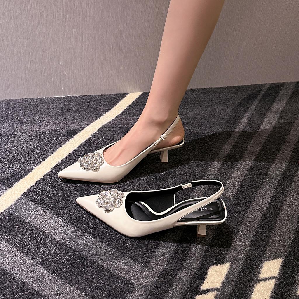 623-8 Xiaoxiangfeng Rhinestone Camellia Pointed Head High-heeled Single Shoes New Temperament Thin Heel Thin Bag Head Single Shoes Women