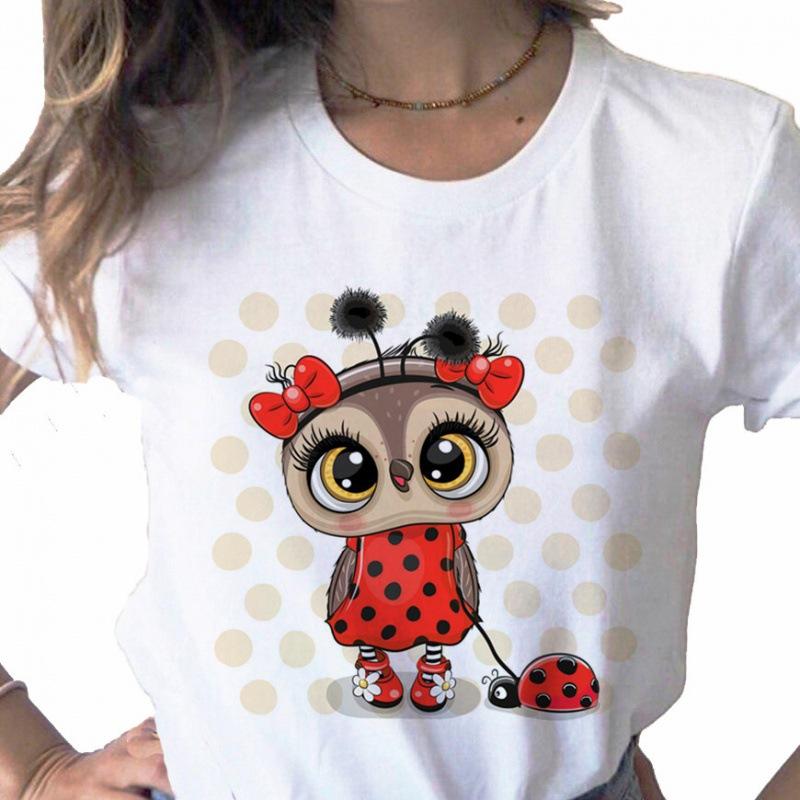 Camisetas de Verano con Estampado de Búho Retro Sueltas Blancas Cuello Redondo Manga Corta para Mujer