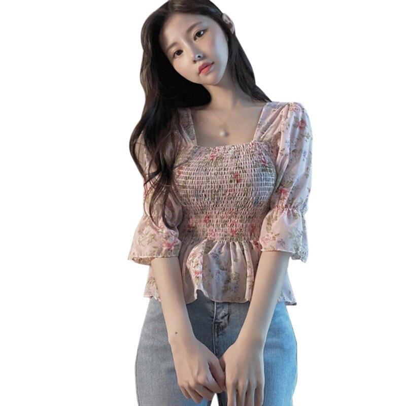 

Летняя женская блузка с цветочным принтом, квадратным вырезом и сладкими короткими рукавами, шифоновая рубашка One size