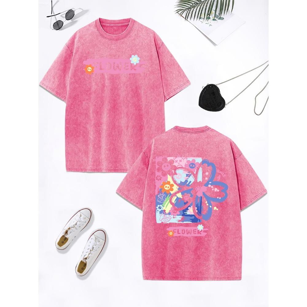 Flower Creative Graffiti Prints Washed T-Shirt Women Cotton Oversized Tops Comfortable Distressed O-Neck T Shirt  Clothes