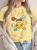 Women Smile Face Print T-Shirt Cute Cartoon Graphic Tee Crewneck Short Sleeve Casual Summer Tops Yellow Summer Tees