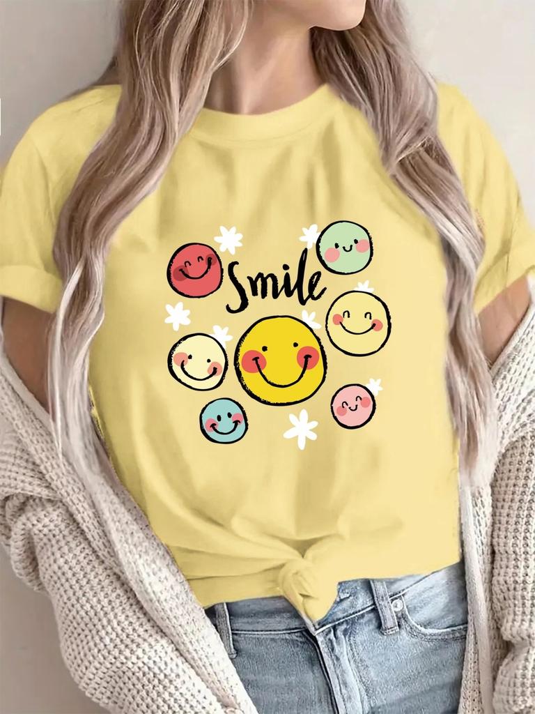Women Smile Face Print T-Shirt Cute Cartoon Graphic Tee Crewneck Short Sleeve Casual Summer Tops Yellow Summer Tees