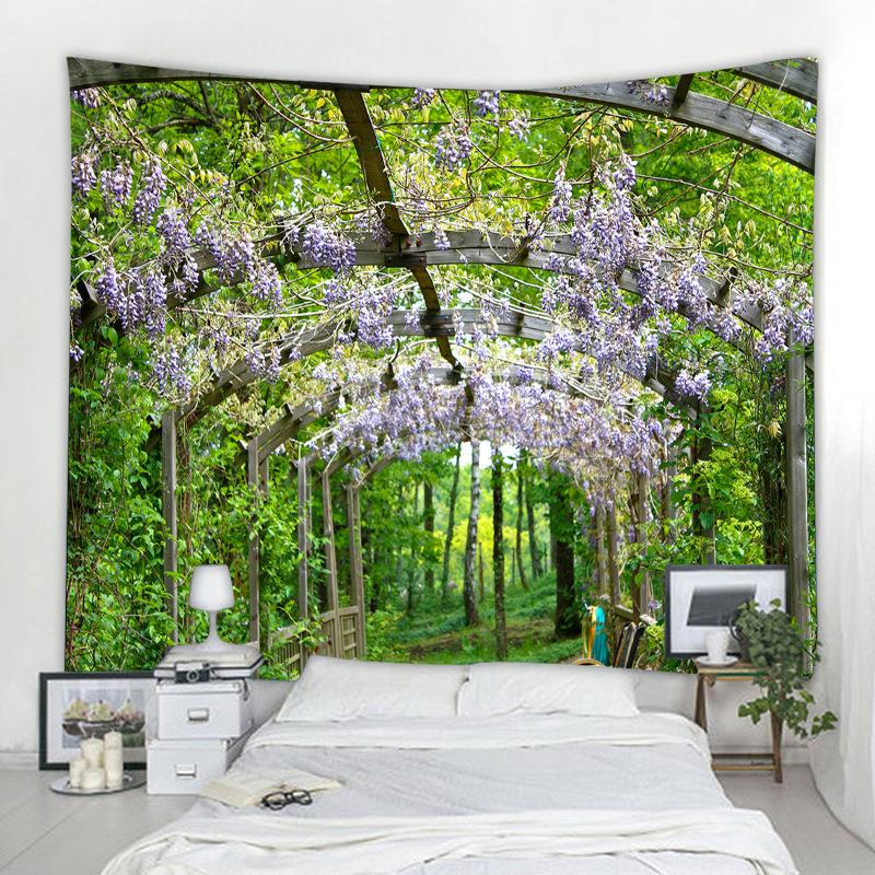 Lentebloemen Houten Hek Tapijt Natuur Roze Roos Planten Bloemenmuur Hangend Tuinraam Natuurlijk Landschap Doek Woondecoratie