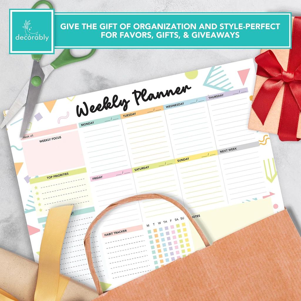 Decorably 52 Sheets Colorful Pastel Undated Weekly to Do List Notepad - 6.5x10" Spring-Bound Planner Pad, Easy Tear-Off, for Priorities, to-Do List,