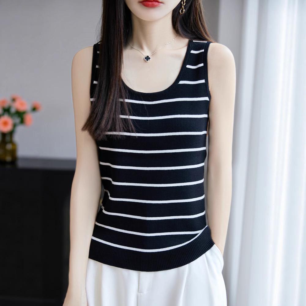 2025 Summer Women's Pure Cotton Striped U-neck Knitted Tank Top