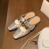 (No Replenishment) Sparkling Diamond Buckle Square Head with Low-heeled Baotou Half Slippers Women