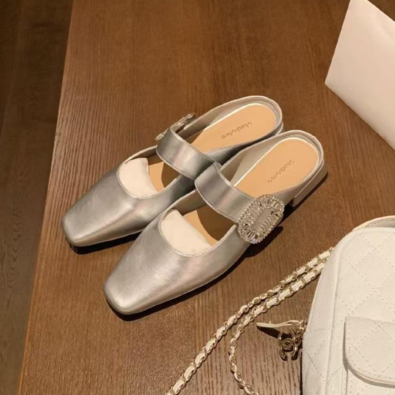 (No Replenishment) Sparkling Diamond Buckle Square Head with Low-heeled Baotou Half Slippers Women