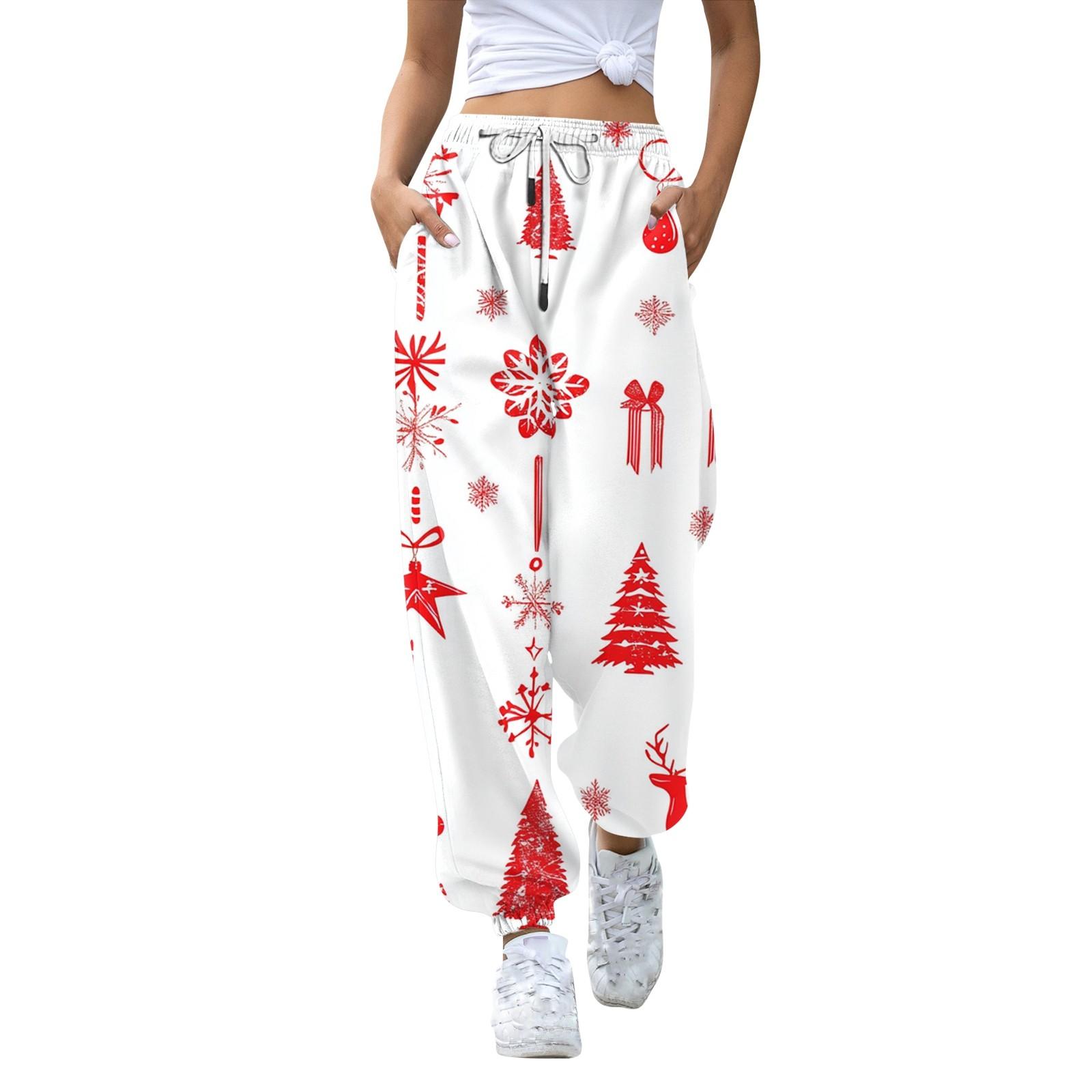 

Жіночі повсякденні модні повсякденні штани з різдвяним принтом Спортивні штани Довгі штани Штани на шнурках з еластичною талією і манжетами S рожевий