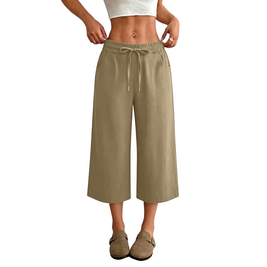 Women’s High Waist Wide Leg Drawstring Cropped Pants with Pockets Relaxed Fit Casual Summer Lightweight Design