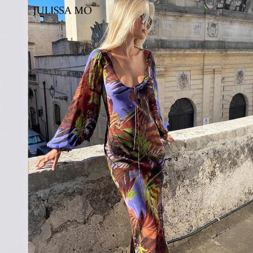 European And American New Sexy Women'S Printed Retro Lantern Sleeve Dress