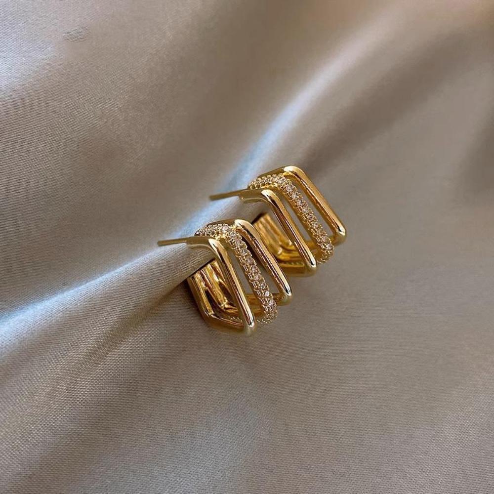 Eingelegter Strass Geometrischer Quadratischer Ohrring für Damen Europäischer und Amerikanischer Metall Creolen Ohrring Leichter Luxus Einfacher Zirkon Geschenk