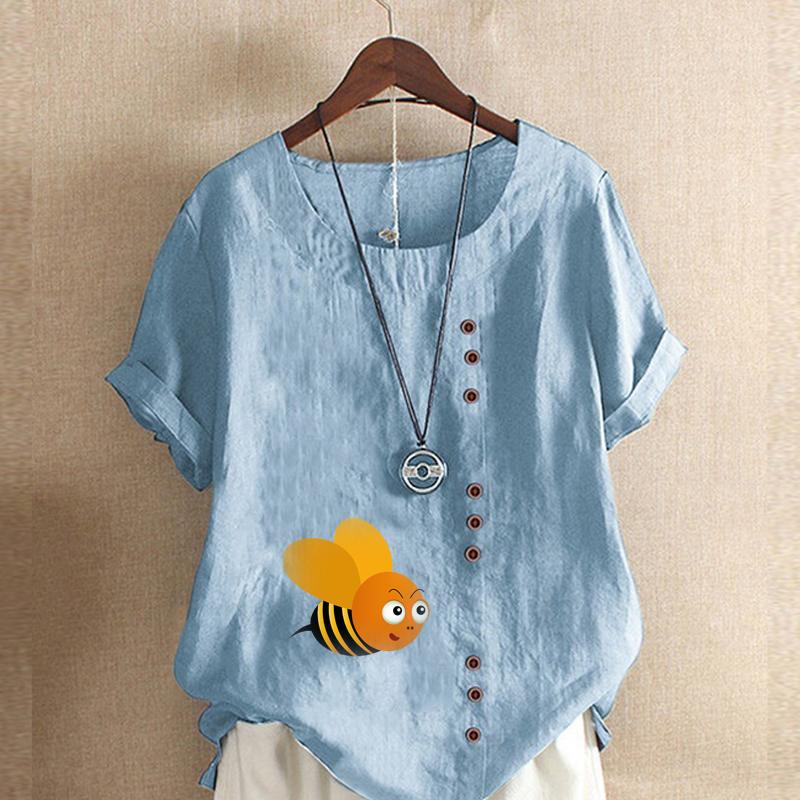Women's Fashion Round Neck Short Sleeve T-shirt Casual Cotton Linen Graphic Shirt Leisure Loose Honeybee Prined Summer Blouse Tops