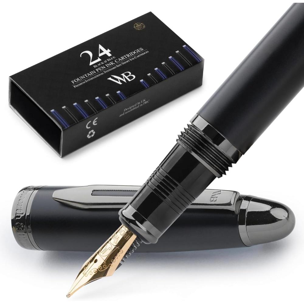 Wordsworth   Черная перьевая ручка   Роскошный футляр  Металлический черный средний стержень  18 карат Pl