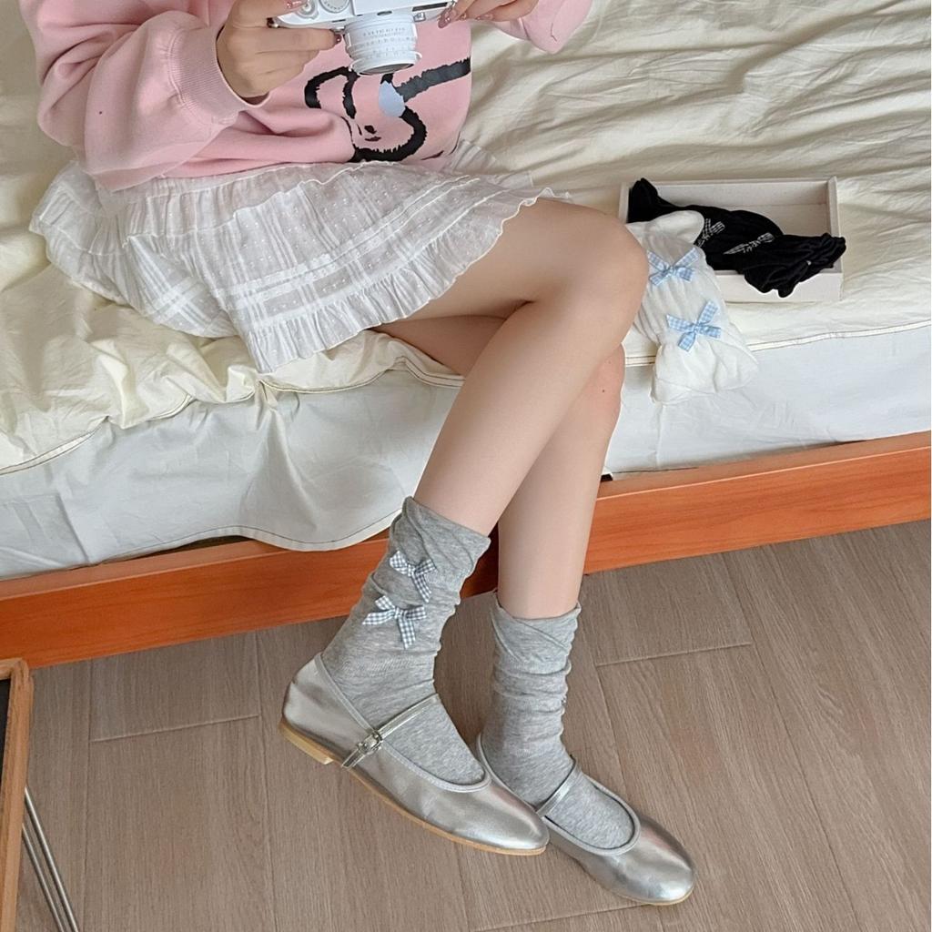 Plaid Small Bow Ribbon Solid Color Lace Medium Tube Stacking Socks Children'S Cute Lolita Socks