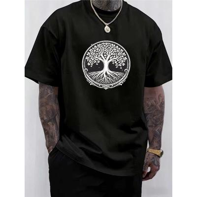 Europäische Größen Herren Trendiges T-Shirt mit Baum-Grafikdruck, Rundhalsausschnitt | Weicher, mittelelastischer Mischstoff, Normale Passform, Bequem und Vielseitig