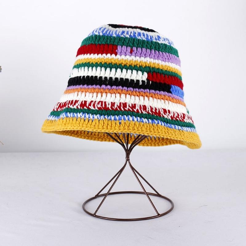 Popular Female Hat Knitting Bucket Hat Handmade Crochet Rainbow Fisherman Hat Women Girl Photo Beanie Warm Striped Cap