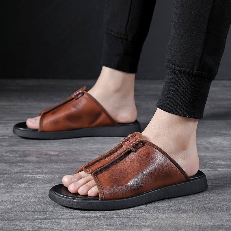 Fashion Retro Mens Genuine Leather Slippers Handmade Quality Summer 2024 New Comfortable Classic Brown Outdoor Daily Beach Shoes Man