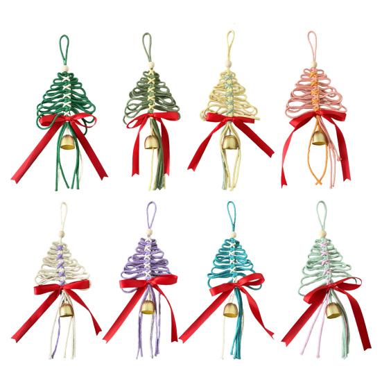 Hand-Woven Christmas Tree Ornaments Rustic Xmas Tree Shaped Handicrafts with Golden Cow Bell And Red Bow for Winter New Year Party Decorations