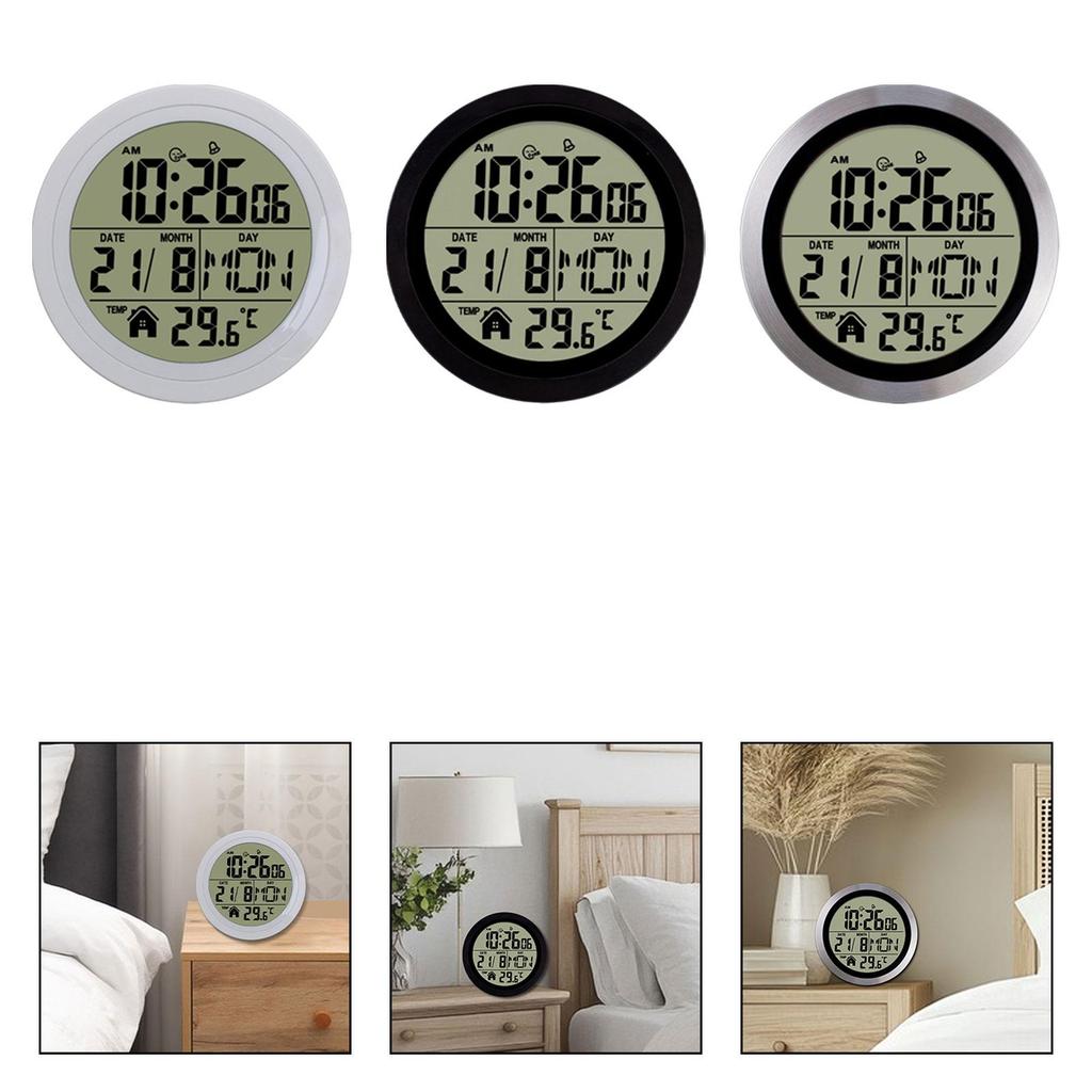 Digital Alarm Clock Round Date Week 12/24H Multipurpose Battery Operated Wall Clock for Living Room Gym Office Bedroom Hotels