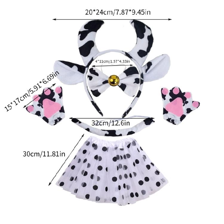 Kuhkostüm Zubehör Set Kuh-Ohren Stirnband, Fliege, Schwanz, Tutu Rock, Handschuh