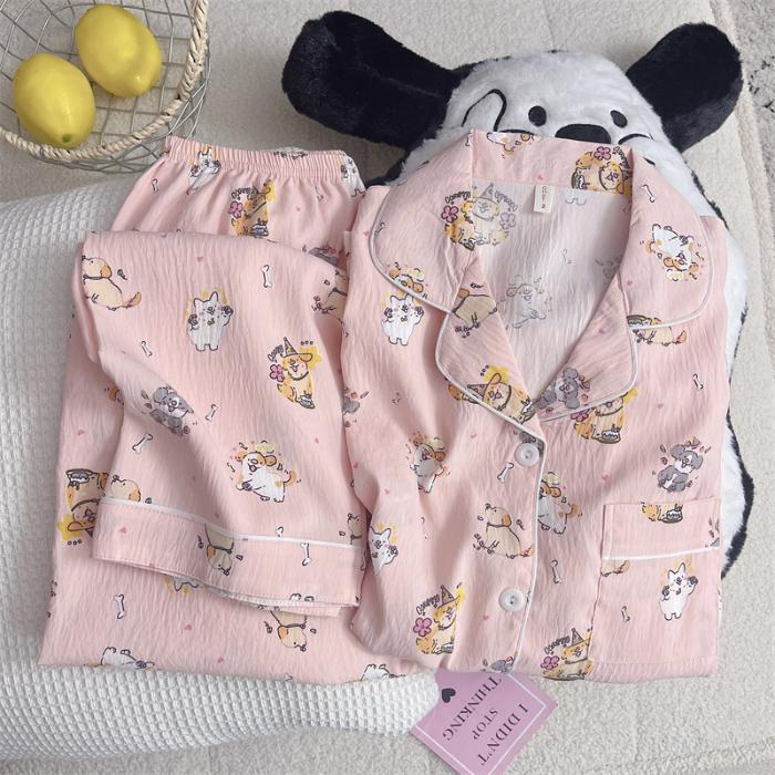 Moon Bear Cartoon Fashion Women's Pajamas Korean Style Casual Soft 2 PC Set Pajamas Autumn Long Sleepwear Lapel Neck New 2025