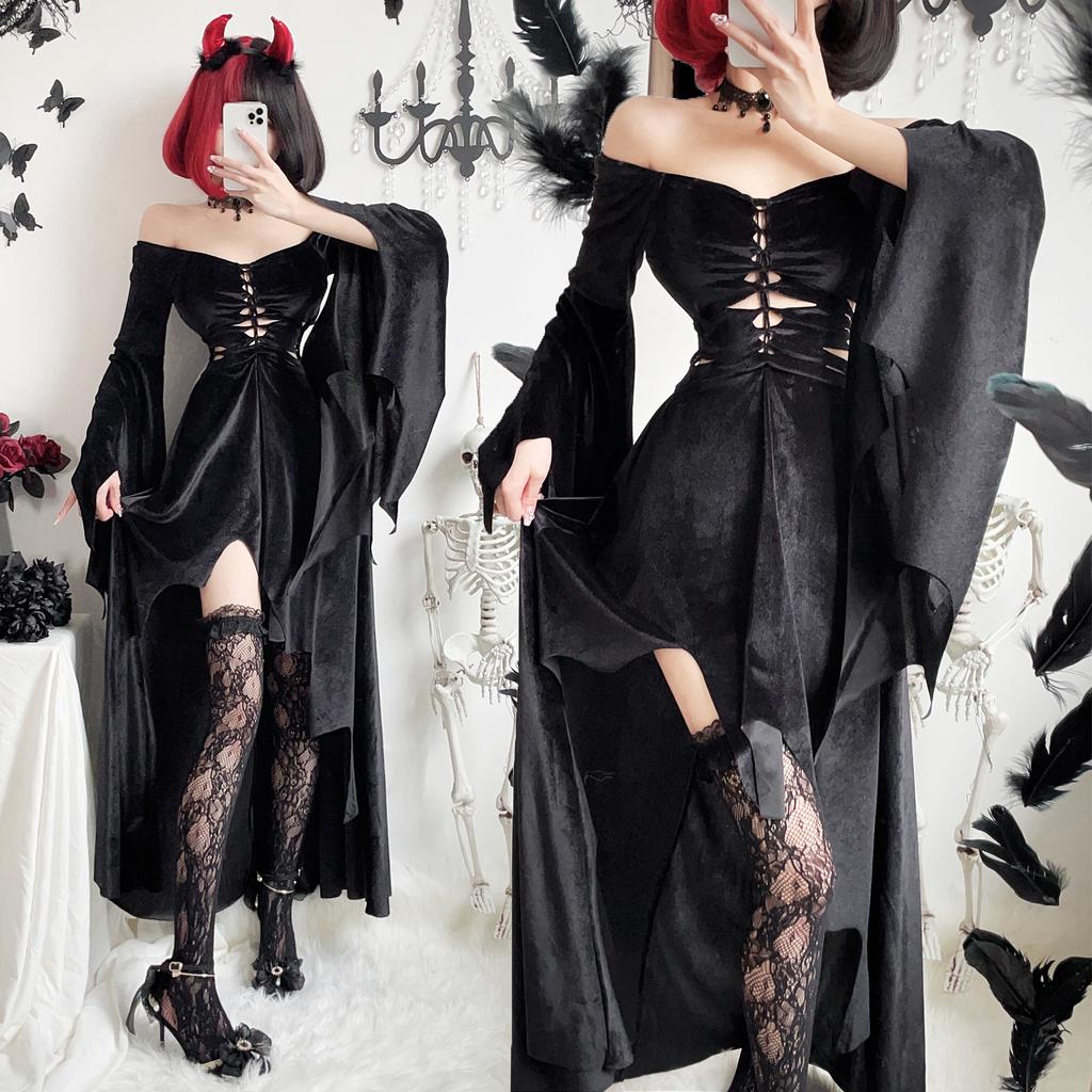 Costume di Halloween gotico scuro strega abito lungo vampiro mietitore abito nero