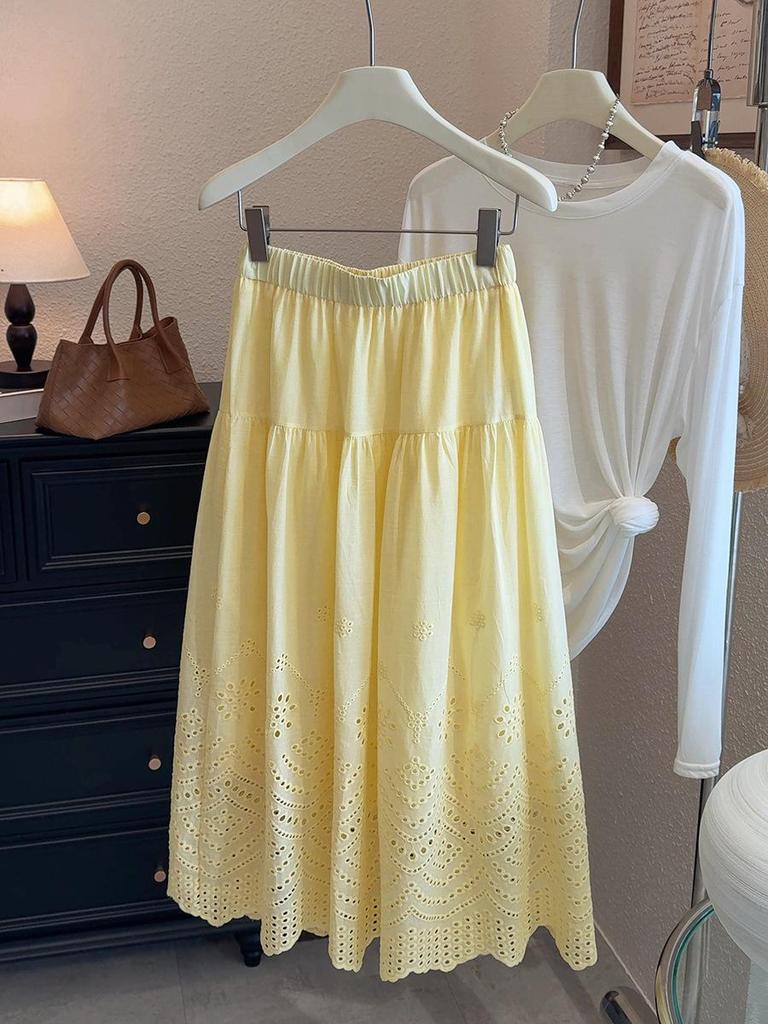 2026 Spring French Style Elastic Waist Lace A-line Skirt for Women