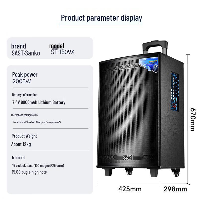 SAST 15-inch Outdoor Portable Bluetooth Karaoke Speaker CN plug (adapter included)