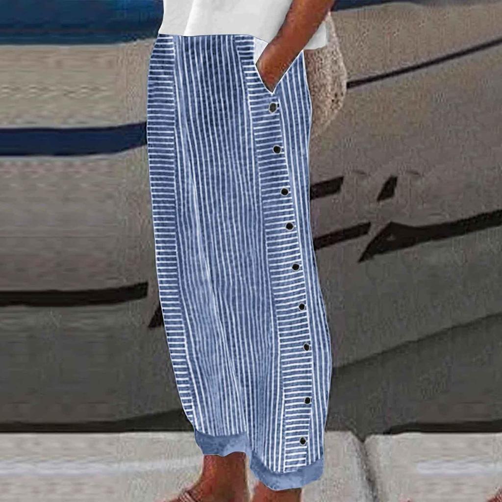 Women Summer Long Pants Striped Print Button Casual Versatile Loose High Waist  Pants