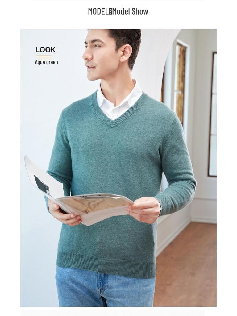 Men's 100% Pure Wool V-Neck Sweater, New Autumn/Winter Business Casual Soft Knit, Long-Sleeve Base Layer.
