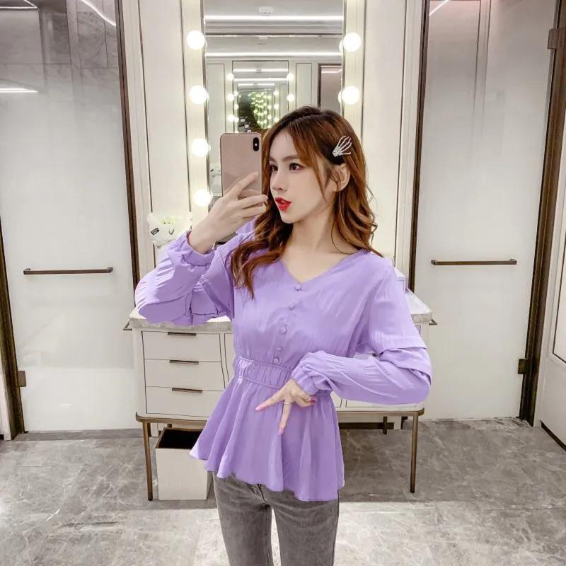 Nipped Waist Ruffled Uzun Kollu Şifon Gömlek Kadın Şifon Bluz Düz Pileli Kloş Kollu Üst Kadın