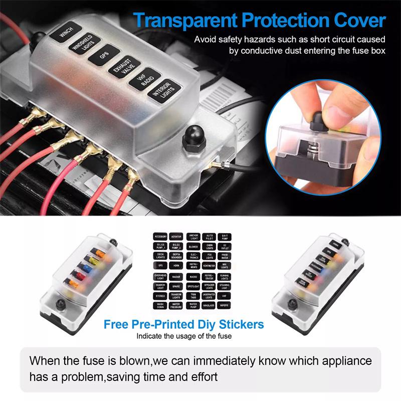 6-Way Car Fuse Holder With Negative Busbar 12V Blade Type Fuse Holder Atc/Ato Standard Fuse Box Label Sticker Waterproof Cover