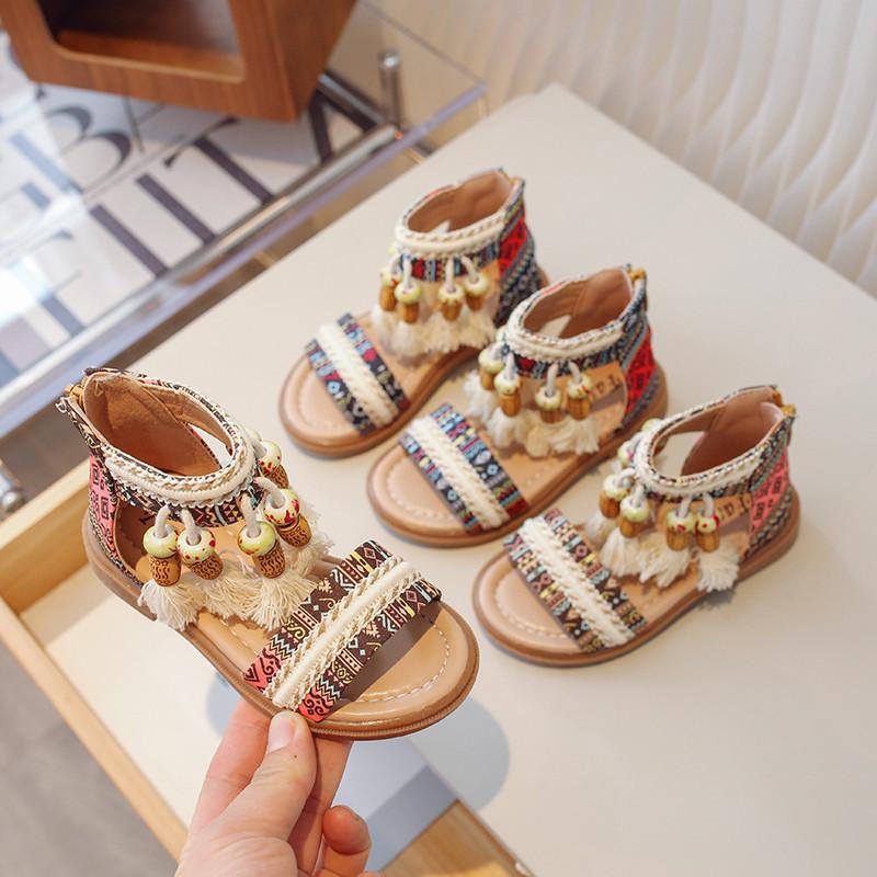 Sandalias Étnicas Retro para Niñas Sandalias Gladiador Infantiles Zapatos de Princesa con Borlas de Moda para Niños Transpirables Antideslizantes