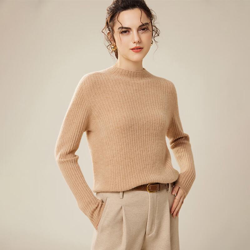 Fanzhen Women's 100% Cashmere Elegant Semi-High Collar Sweater