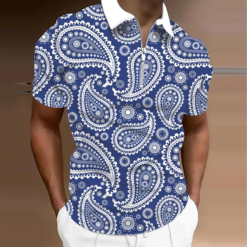 Men's  Shirt Polo Casual Zip Short Sleeve Fashion Casual Zipper Summer Spring Regular Fit 3D Retro Print Shirt