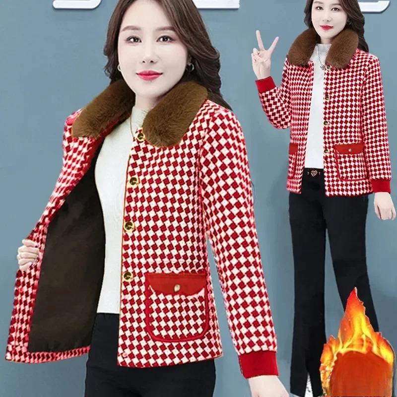 Warm Coat Women Autumn Winter New Plaid Jacket Mother Add Velvet Outwear High-End Fashion Fur Collar Detachable Overcoat Ladies