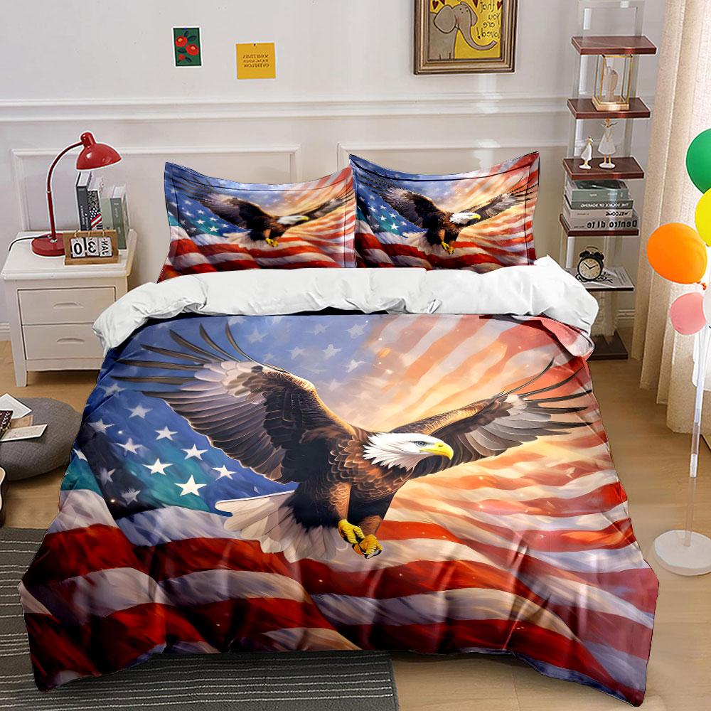 Adler fliegt mit amerikanischem Flaggenaufdruck Weiche bequeme Bettbezug Bettwäsche-Set Enthalten 1*Bettbezug 2*Kissenbezüge