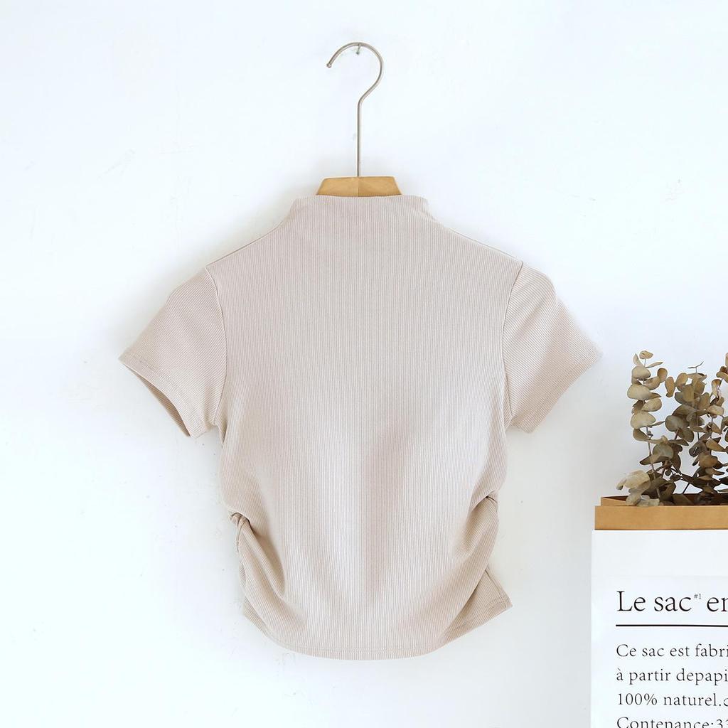 Women's Slim High Collar Short Sleeve T-Shirt with Chest Pads