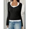 Women's Square Neck Long Sleeve Top Slim Fit Color Block Fake Two Piece Button Detail Sexy Casual Blouse